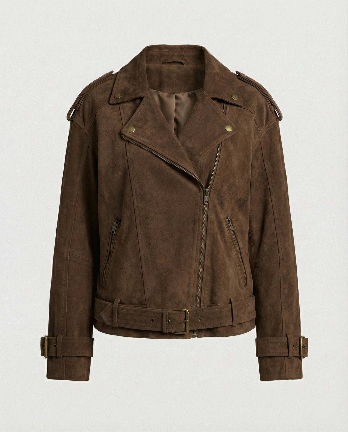Weite Damen Bikerjacke Velours mit Taillengürtel Schwarz