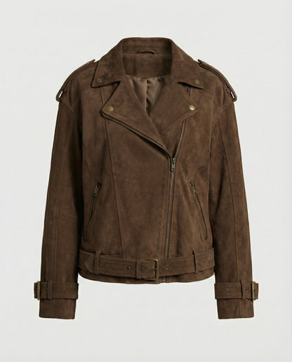 Weite Damen Bikerjacke Velours mit Taillengürtel Schwarz