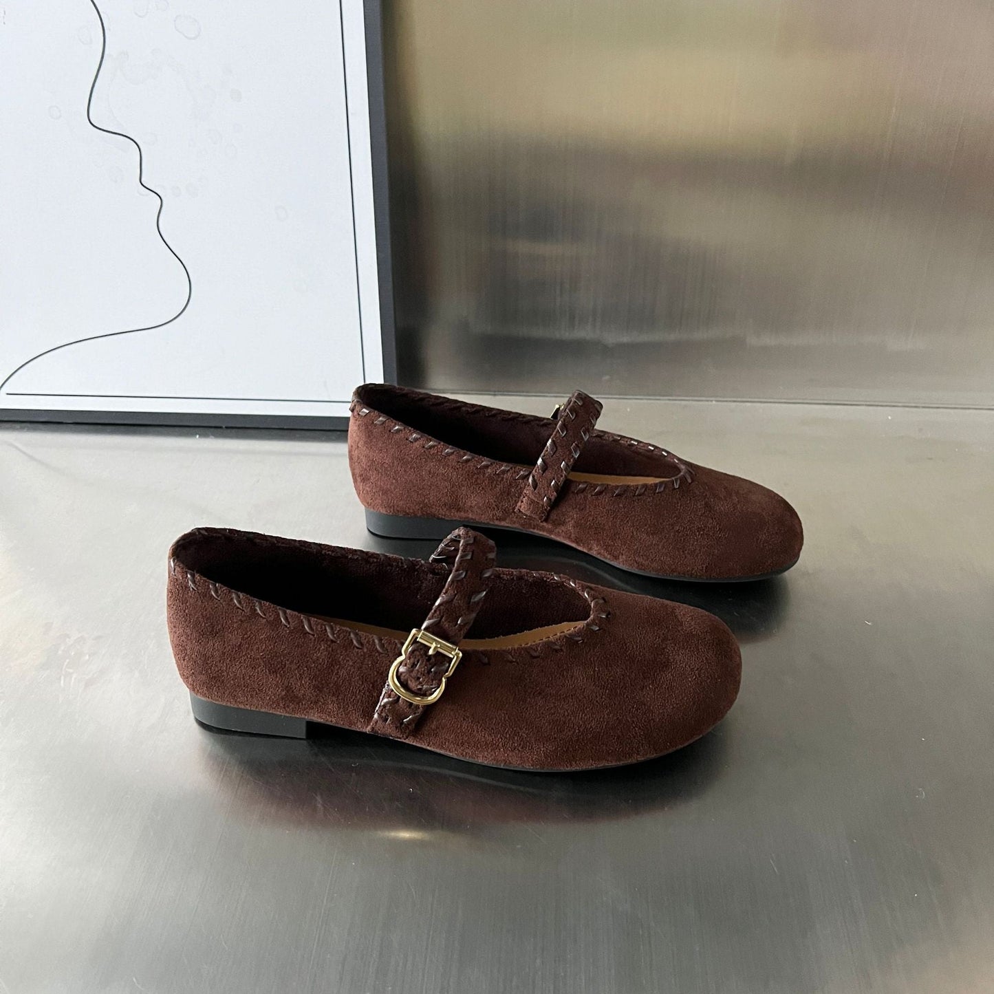 Damen Ballerinas Elegante Velourschuhe mit Riemen
