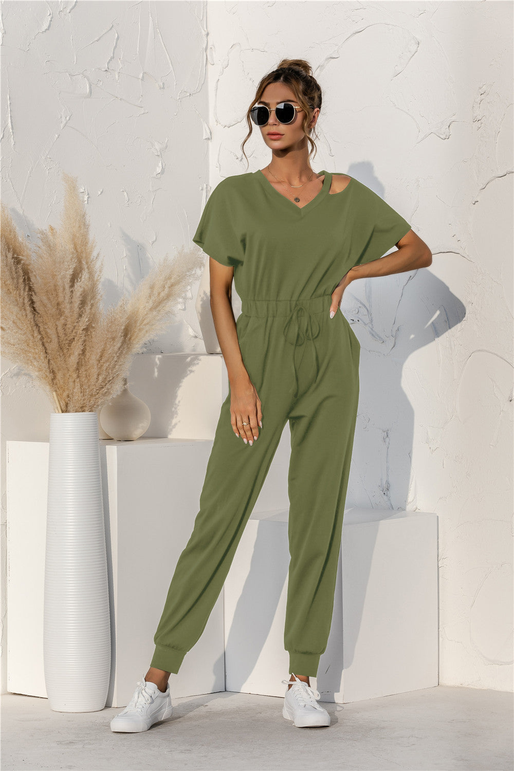 Damen Overall Relaxed Fit Schulterfrei mit Kordelzug - BerlinGlamour