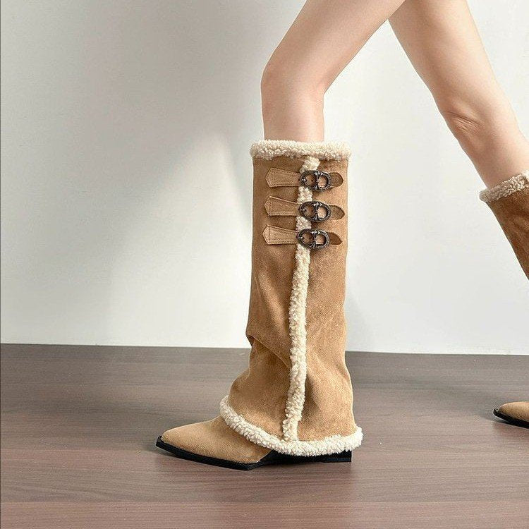 Damen Stiefel Hoch mit Kunstfellkragen Schnürfront Winter