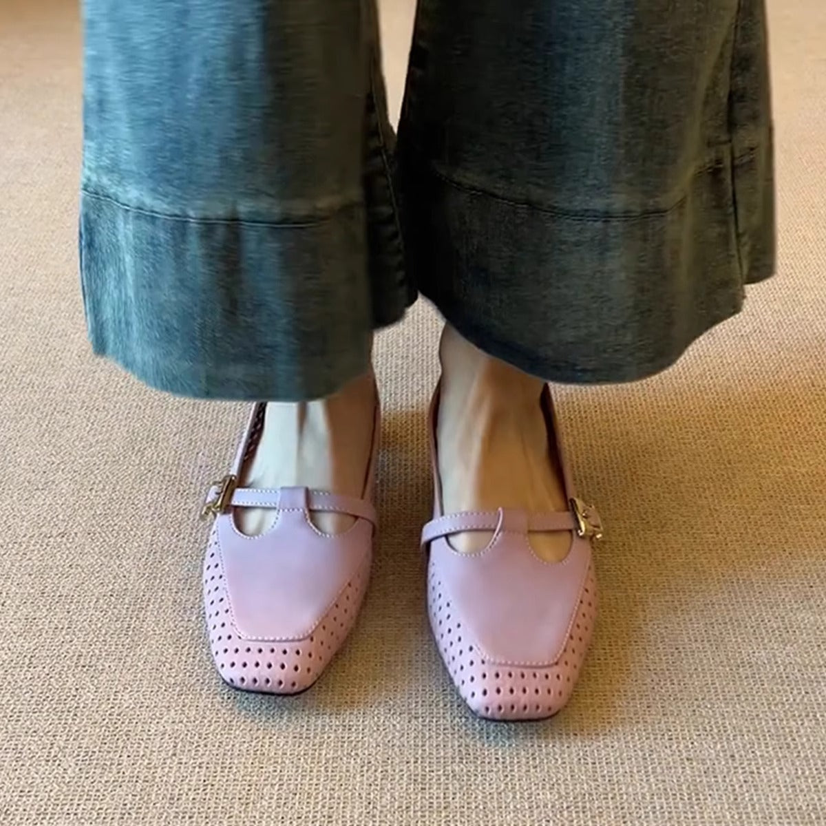 Damen Ballerinas Elegant Lochmuster Schnalle