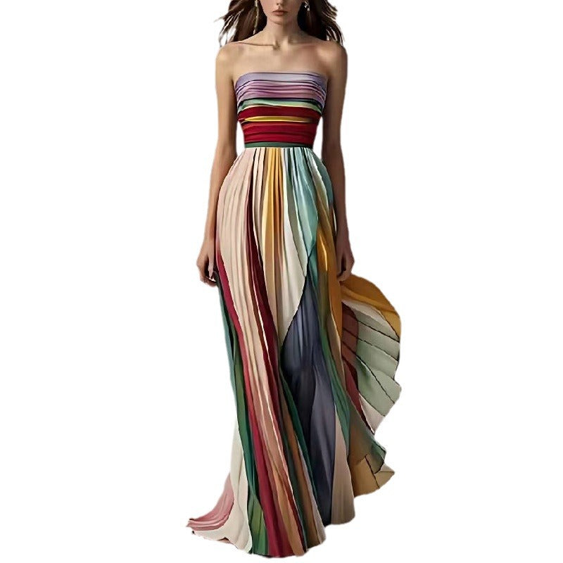 Damen Maxikleid Elegant mit Bandeau Ausschnitt und Faltenrock