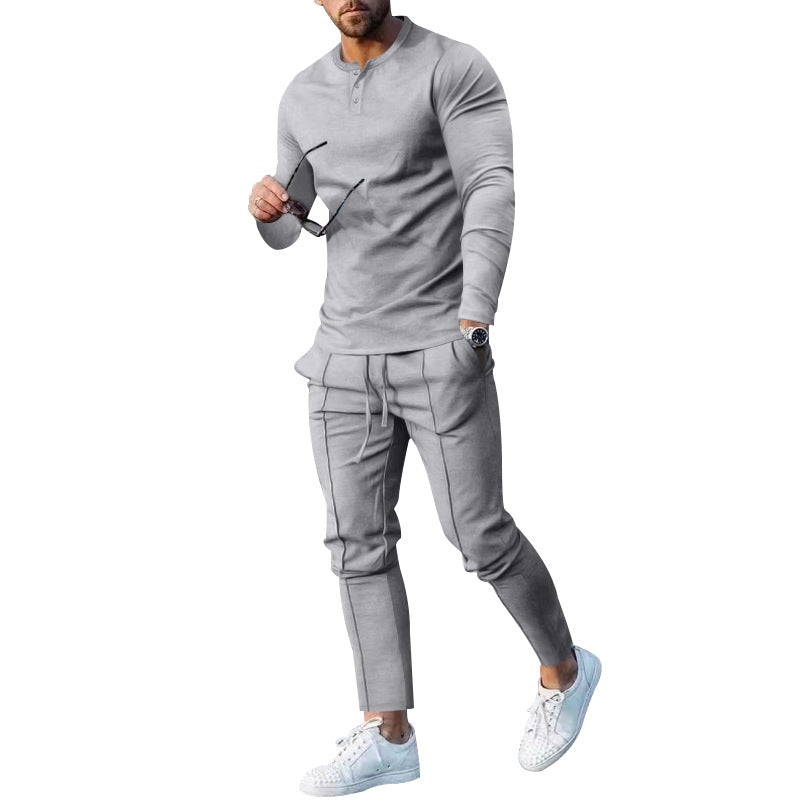 Herren Sport Ensemble Langarm Henley Shirt bequeme Jogginghose