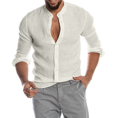 Herren Leinenhemd Langarm Stehkragen Elegant