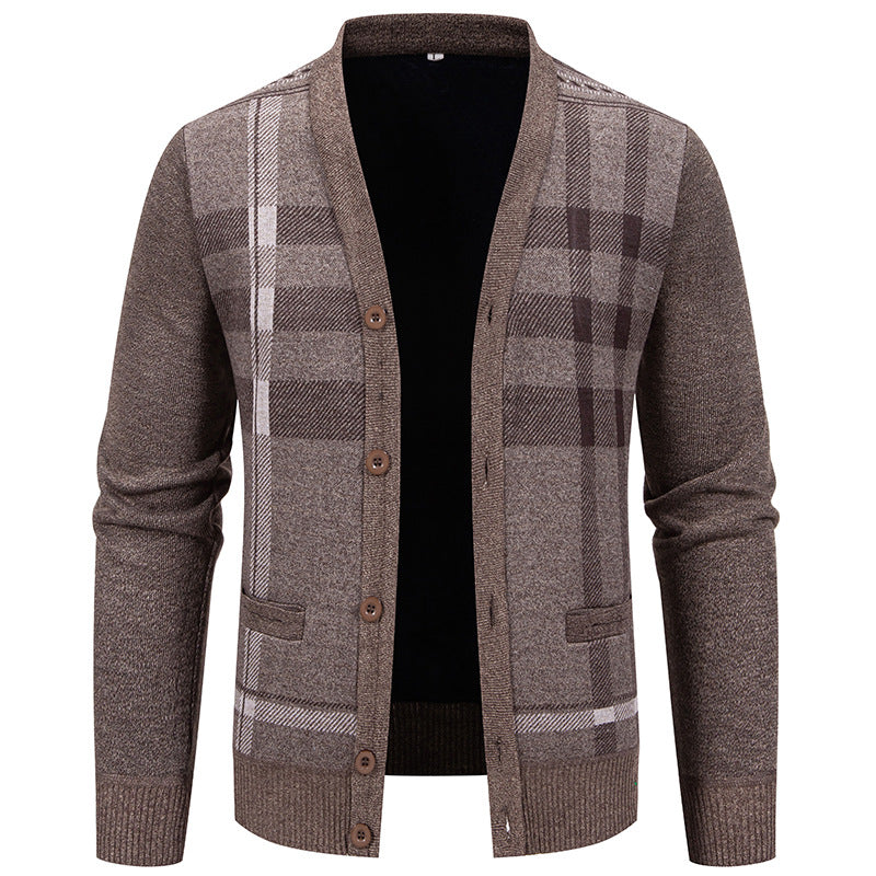 Herren Strickjacke Modisch Karomuster Mit Taschen