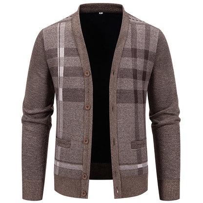 Herren Strickjacke Modisch Karomuster Mit Taschen