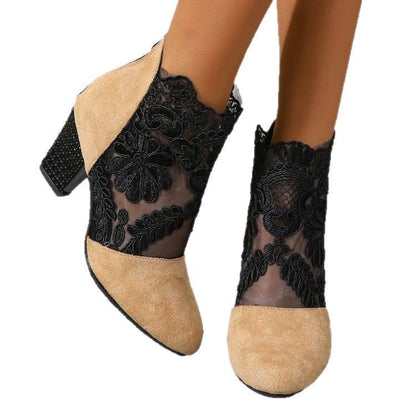Damen Stiefeletten Spitze Schuhe Komfortabsatz Blockheel