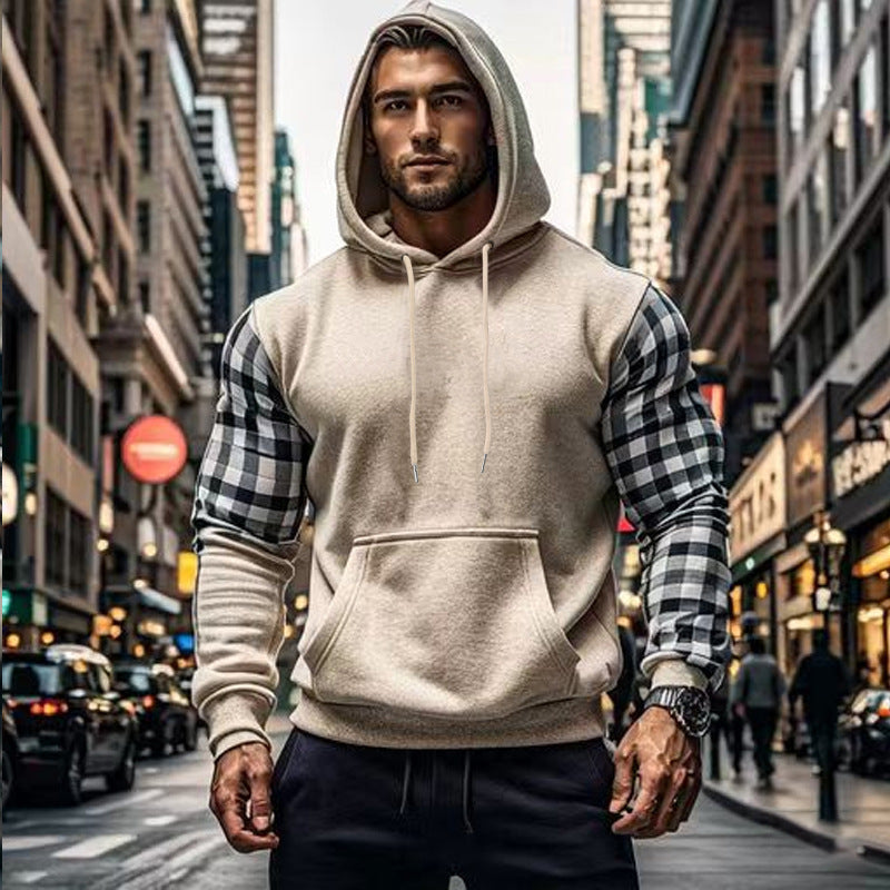 Herren Hoodie Kariert Mit Kängurutasche Grau