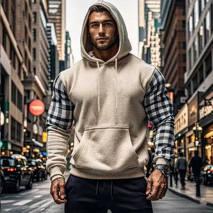 Herren Hoodie Kariert Mit Kängurutasche Grau