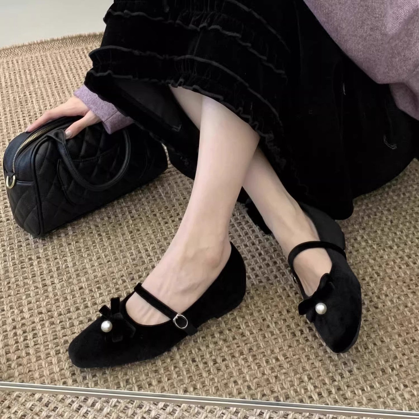 Damen Ballerinas Elegante Riemchen Schuhe mit perlverzierter Schleife