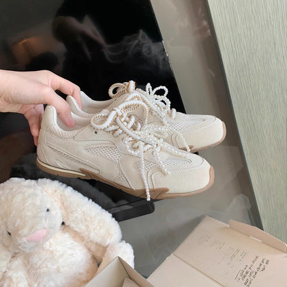 Damen Sneaker Sportlich Perlen Schnürsystem Schwarz