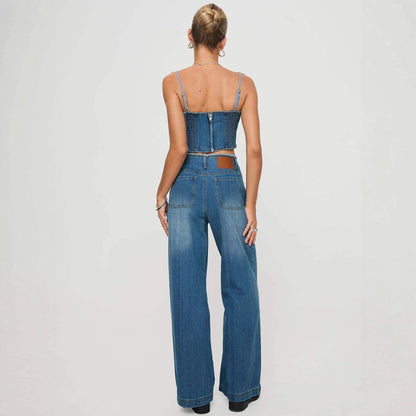 Hohe Damen Jeans Mit Fransen Weite Bein
