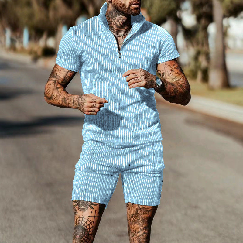 Herren Jumpsuit Kurzarm Modern Gestreift Reißverschluss