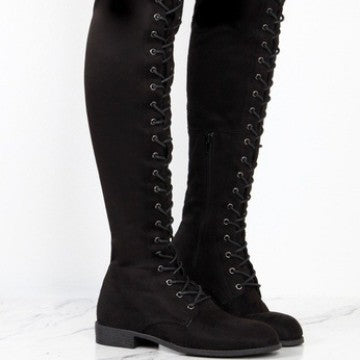 Damen Stiefel Überknie Weiches Wildleder Schnürstiefel