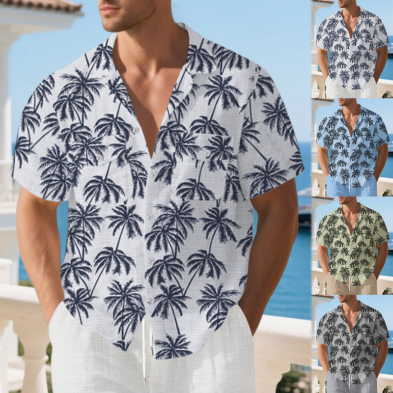 Herren-Hemd Kurzarm Tropen-Muster Bequem Sommer