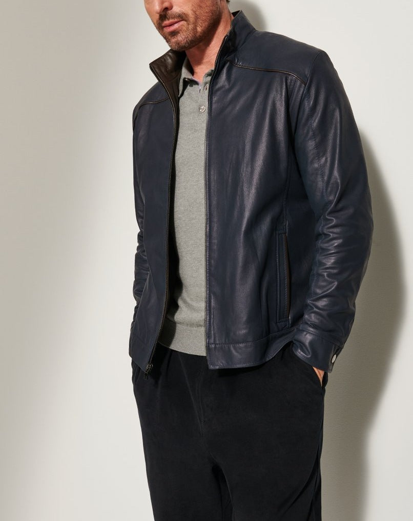 Lederjacke Herren Elegant Stehkragen Reißverschluss Taschen Schwarz