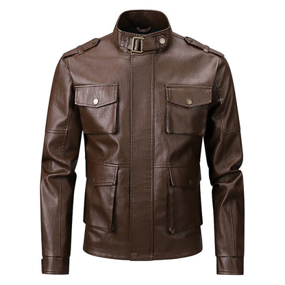 Lederjacke Herren Militär Style Kunstleder mit Patentaschen