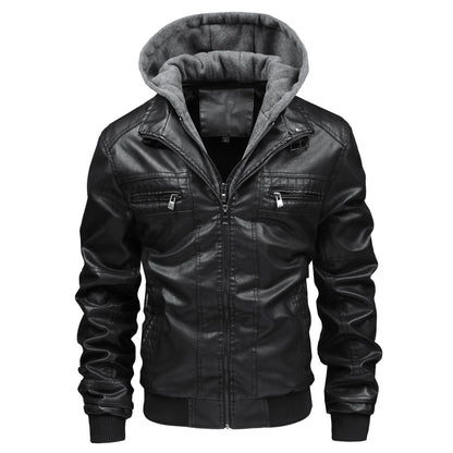 Lederjacke Herren mit abnehmbarer Kapuze Schwarz Ledermantel