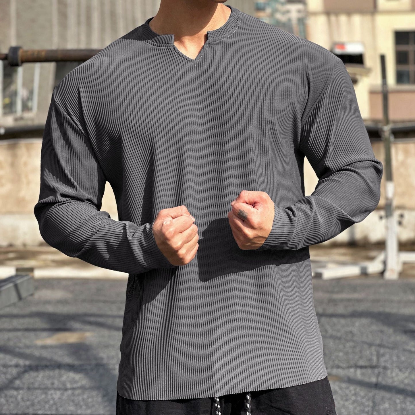 Herren Langarmshirt Stehkragen Modern Rippdesign