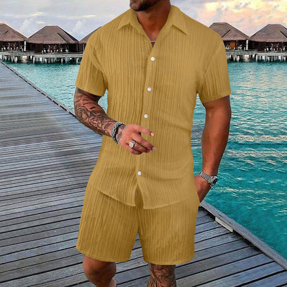 Herren Kurzarm-Hemd-Set mit Shorts und Struktur-Design Sommer