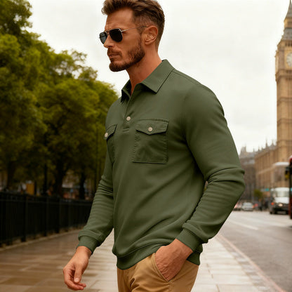 Herren Polohemd Langarm mit Brusttaschen Modern Style