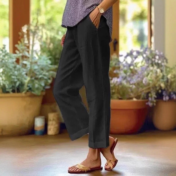 Damen Leinenhose Weit Bequem Mit Taschen
