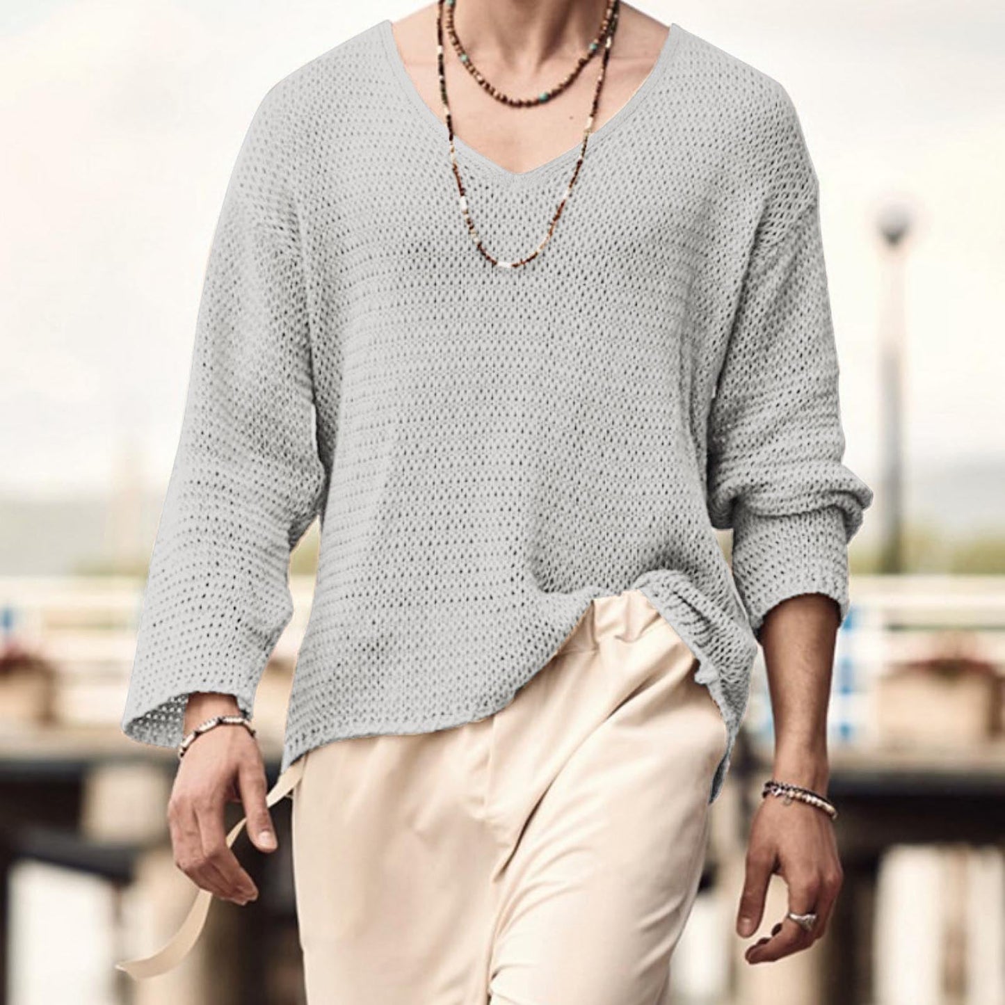 Herren Langarmshirt Waffelstruktur V-Ausschnitt Modern - BerlinGlamour