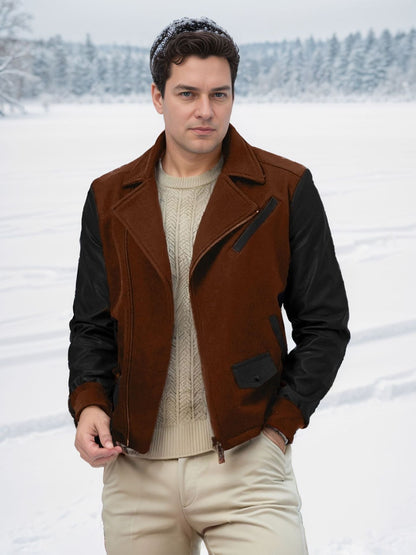 Herren Lederjacke Bikerstyle Kontrastärmel Schwarz