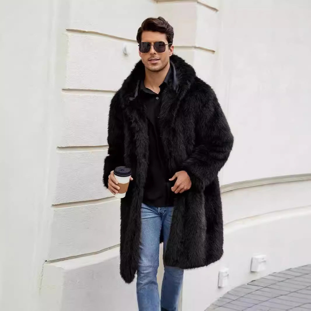Herren Kunstfellmantel mit Kapuze Luxus Wintermantel