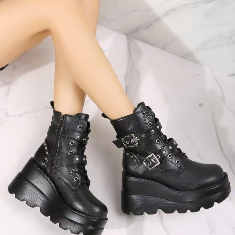 Damen Stiefeletten Wedge Absatz Schnalle Robust