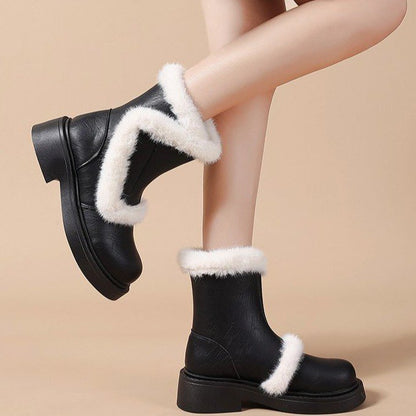 Damen Winterstiefel Luxus Kunstfell Kragen Schwarz Modern
