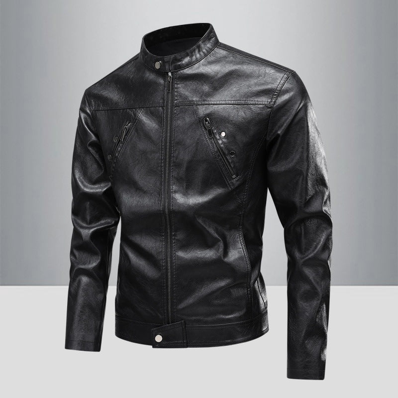 Lederjacke Herren BikerStyle mit Reißverschlusstaschen Schwarz Modern