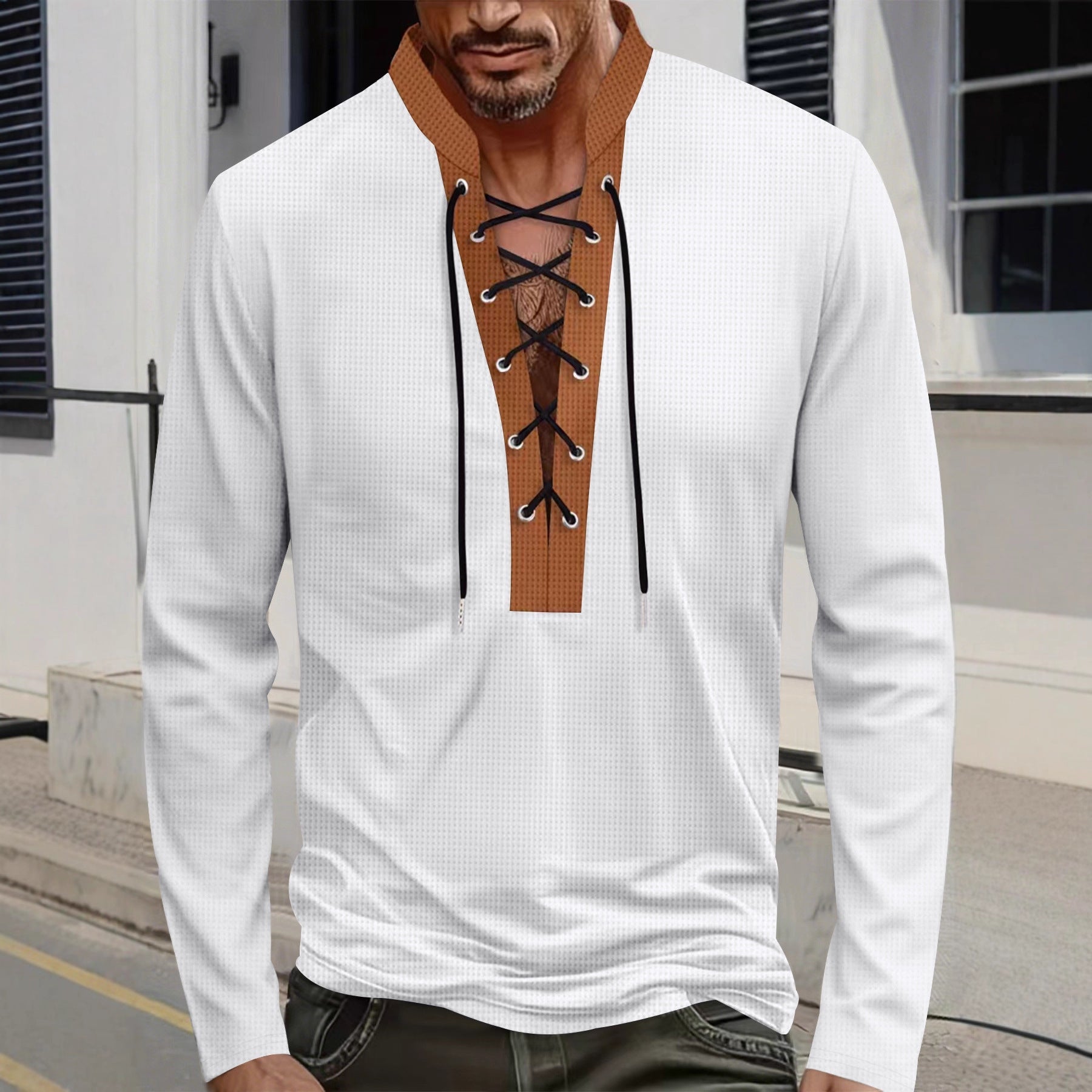 Herren T-Shirt Langarm Modern Schnürung Melange Look - BerlinGlamour
