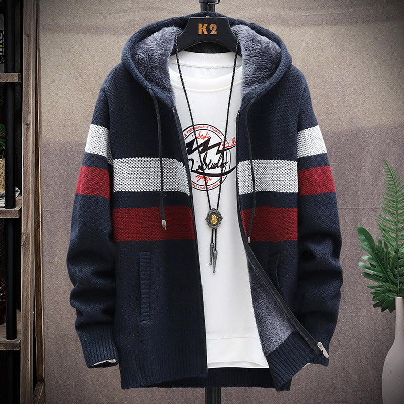 Herren Strickjacke Kapuze Streifen Design Modern