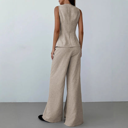Damen Business Ensemble Blazer Ärmellos mit Weite Hosen