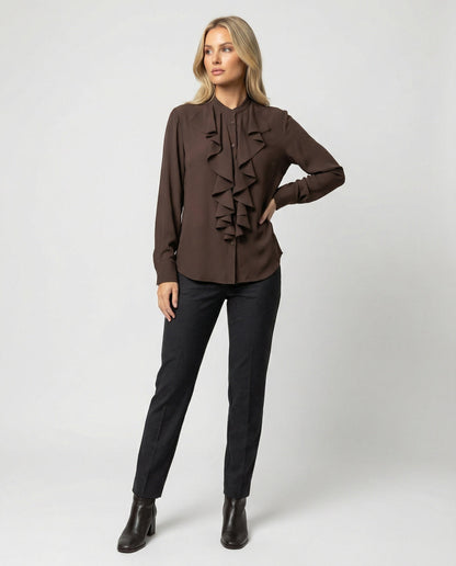 Damen Bluse Braun Langarm Rüschenkragen Elegent Französisch - BerlinGlamour
