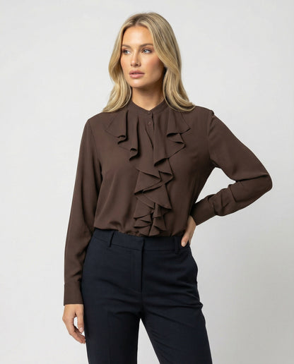 Damen Bluse Langarm Braun Rüschenkragen Elegant Französisch - BerlinGlamour