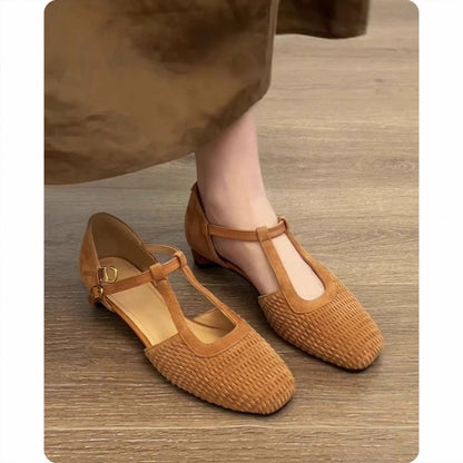 Damen Halbschuhe Geflochtene T-Strap Schuhe Elegantes Design