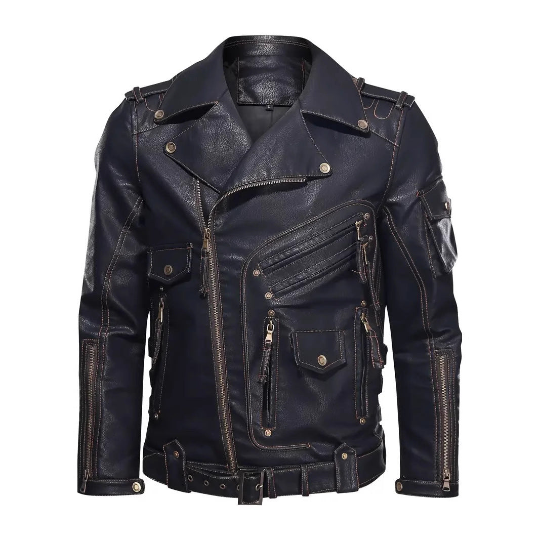 Leder Bikerjacke Herren mit Reißverschlusstaschen Gürtel Detail Schwarz - BerlinGlamour
