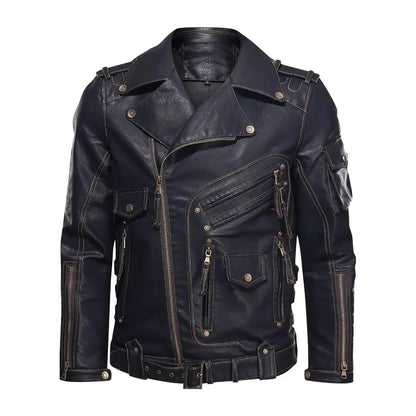 Leder Bikerjacke Herren mit Reißverschlusstaschen Gürtel Detail Schwarz - BerlinGlamour