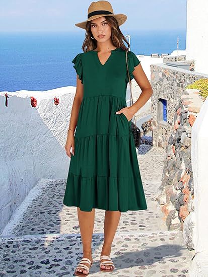 Damen Maxikleid mit Rüschendetails und Taschen Sommerkleid