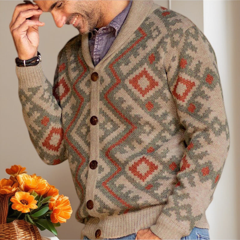 Herren Strickjacke Geometrisches Muster Warm Schal Kragen - BerlinGlamour