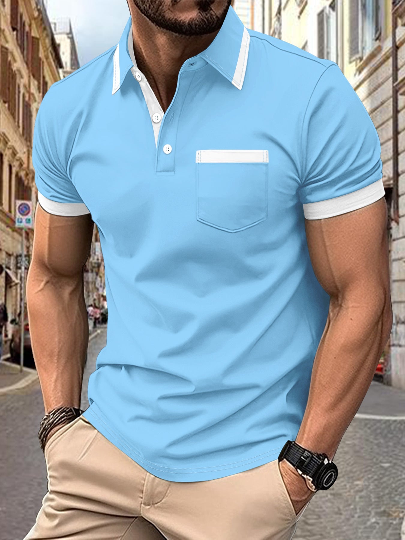 Herren Polohemd Kurzarm Modern Kontrast