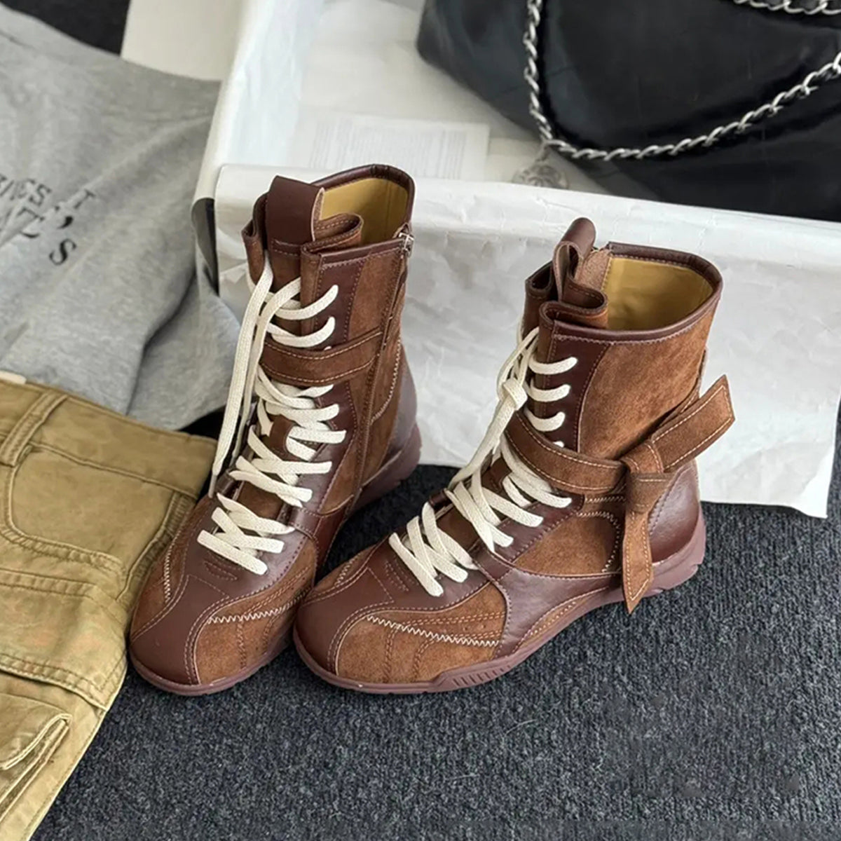 Damen Stiefel Schnürstiefel Robust Modisch Schwarz