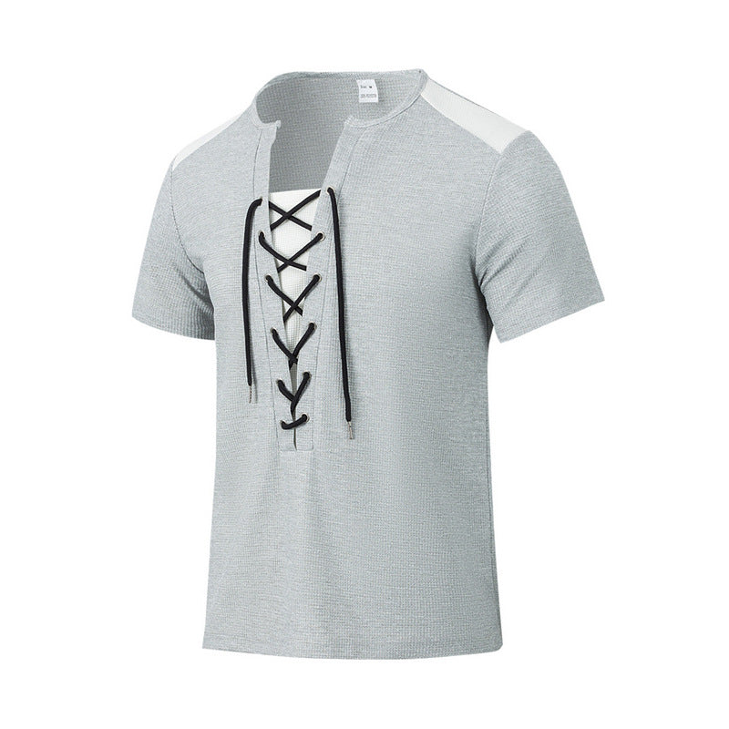 Herren T-Shirt Kurzarm Henley atmungsaktiv Schnürdetail