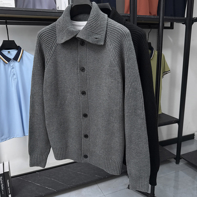 Herren Strickjacke Weich Rippmuster Kragen Button Down