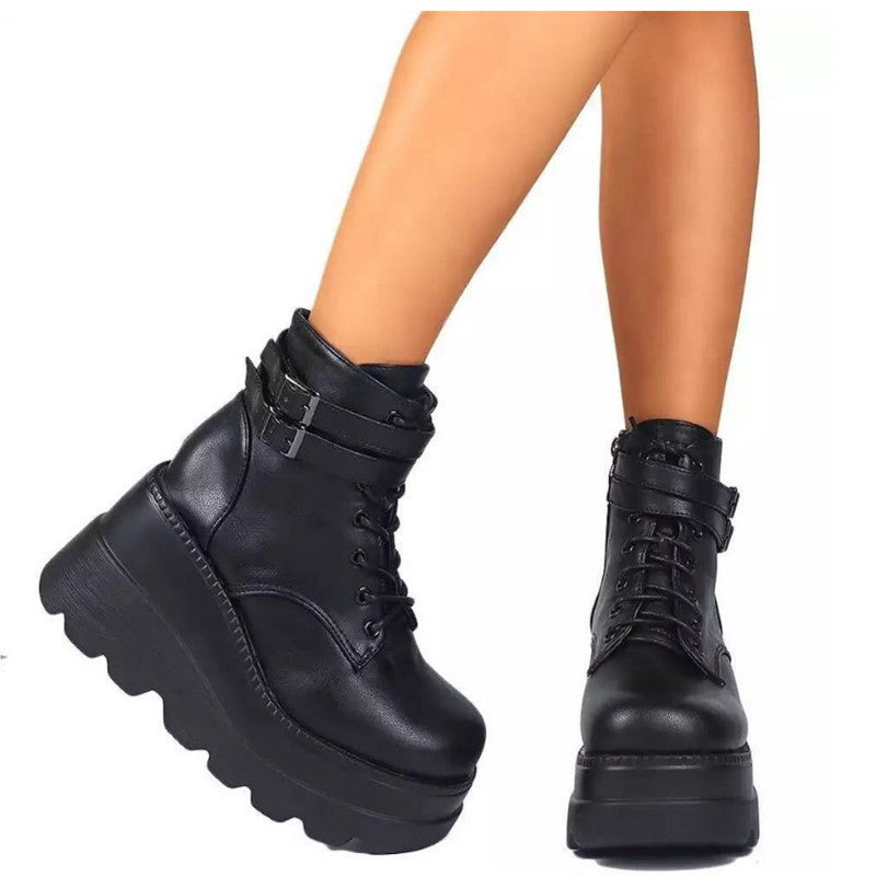 Damen Plateau-Stiefel Schnallen-Design Höhe Reißverschluss Schwarz
