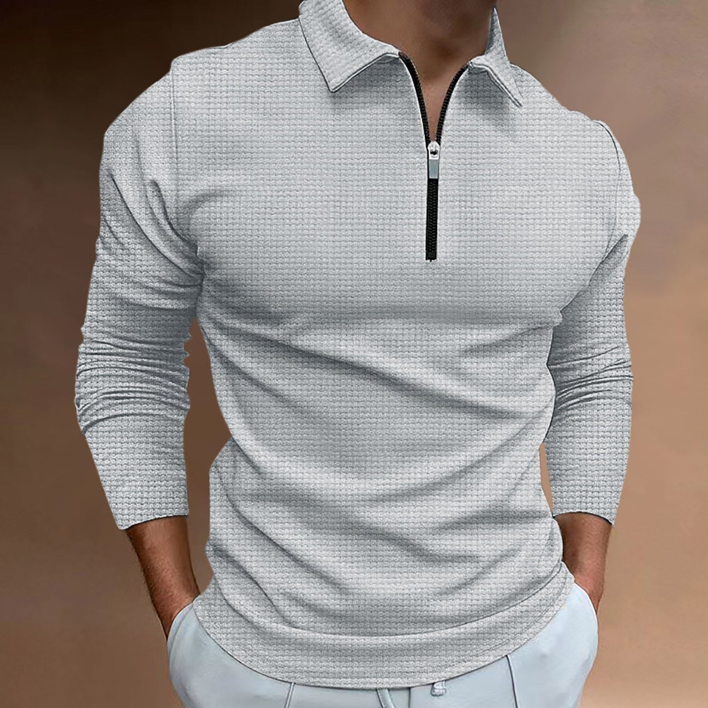 Herren Polo Langarmshirt mit Reißverschluss Modern Strukturiert