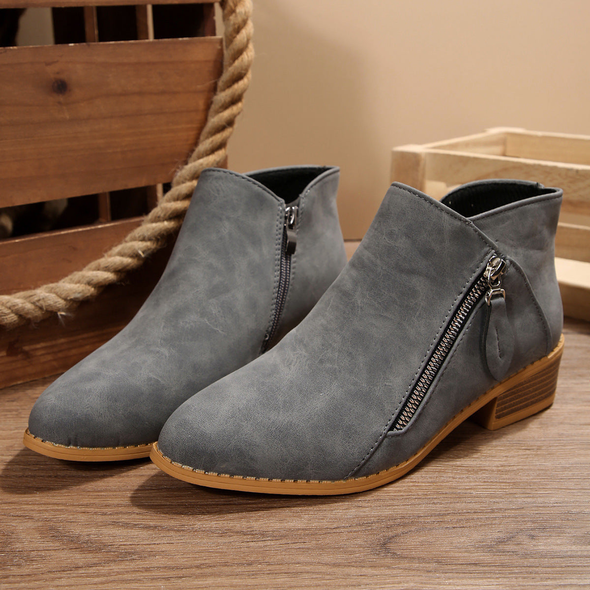 Damen Stiefeletten Elegant Reißverschluss Komfort Blockabsatz